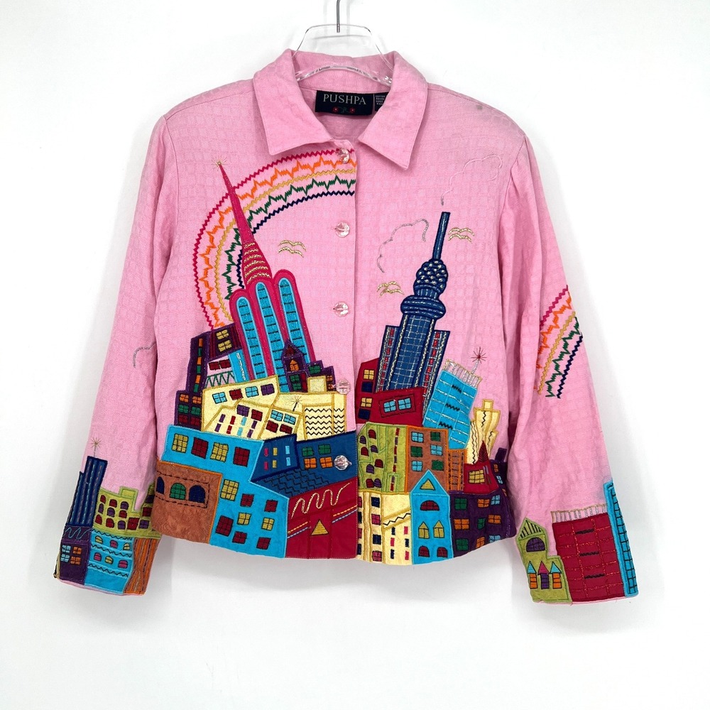 Vtg 90s Embroidered City Jacket M Pink Rainbow Artsy Copenhagen Fashion Week